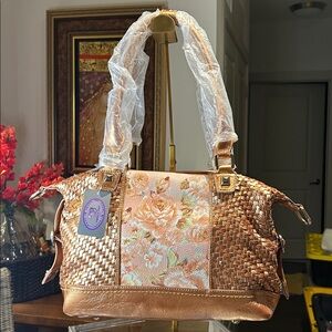 Sharif Cross Stitch Floral Leather Woven Rose Gold Satchel 13”x 10”x 8.25” NWT
